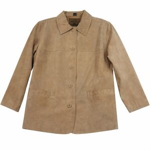 St. John's Bay Suede Leather Button Front Jacket – Women's Petite Large Beige